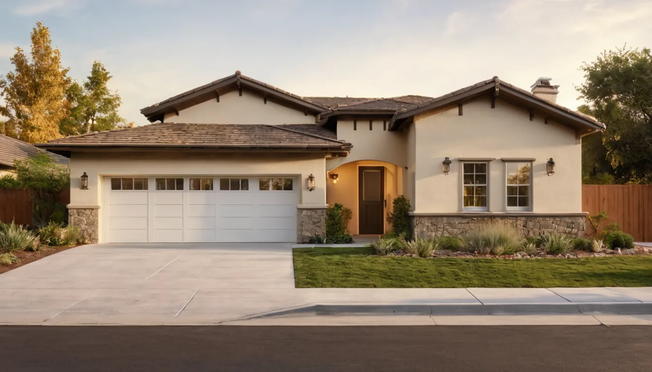 A suburban stucco home in Yucaipa with a clean garage door in soft morning light